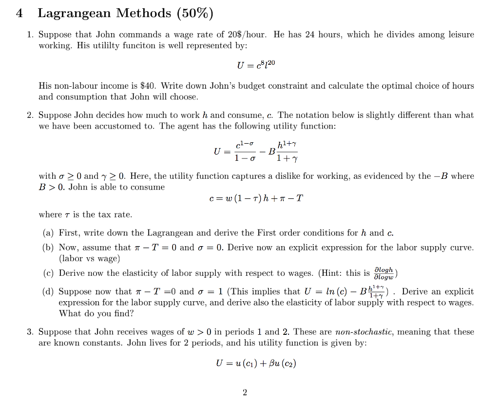 Solved 4 Lagrangean Methods 50 1 Suppose That John Chegg