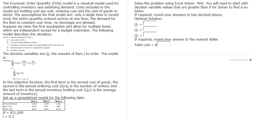 Solved The Economic Order Quantity (EOQ) model is a | Chegg.com