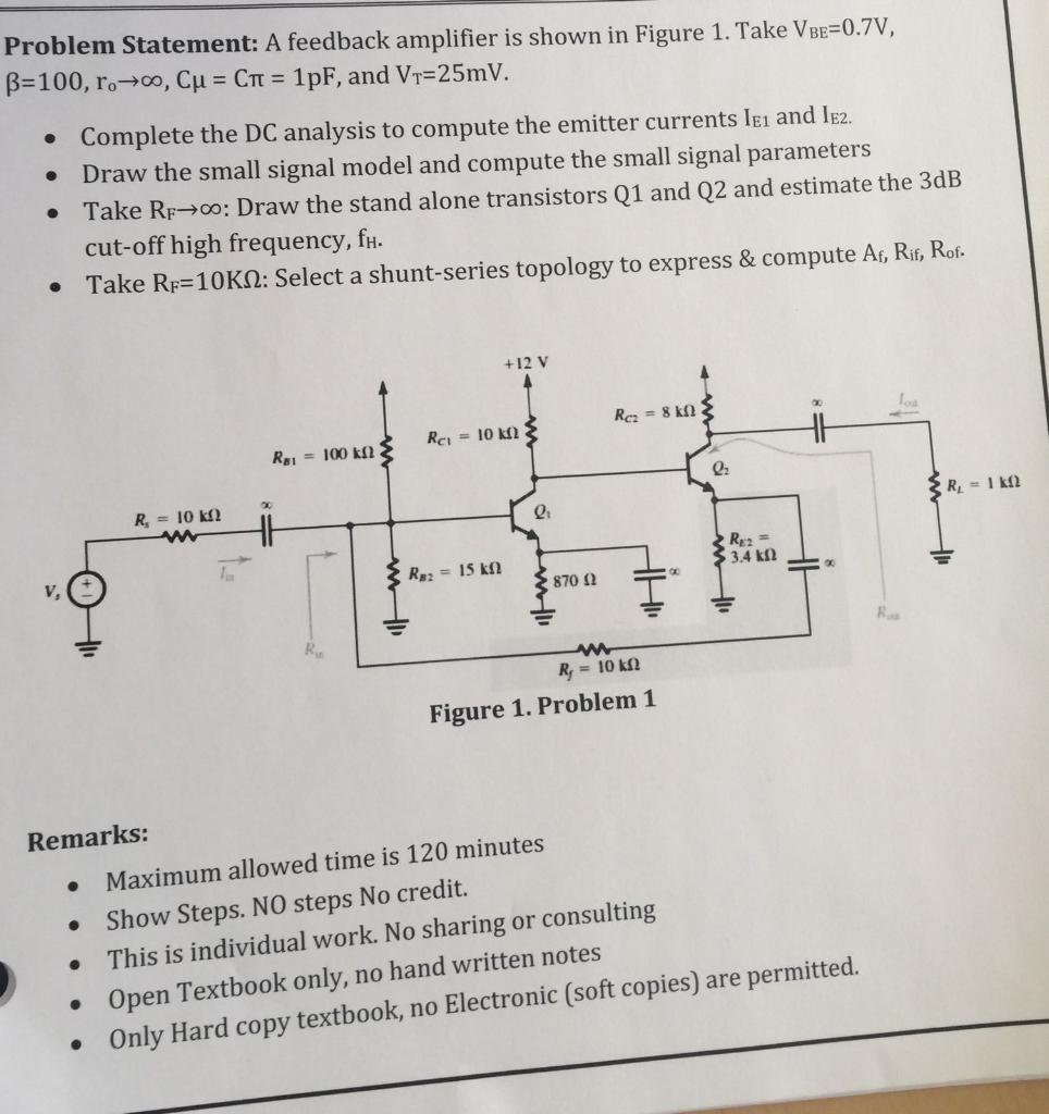 Solved Problem Statement: A Feedback Amplifier Is Shown In | Chegg.com