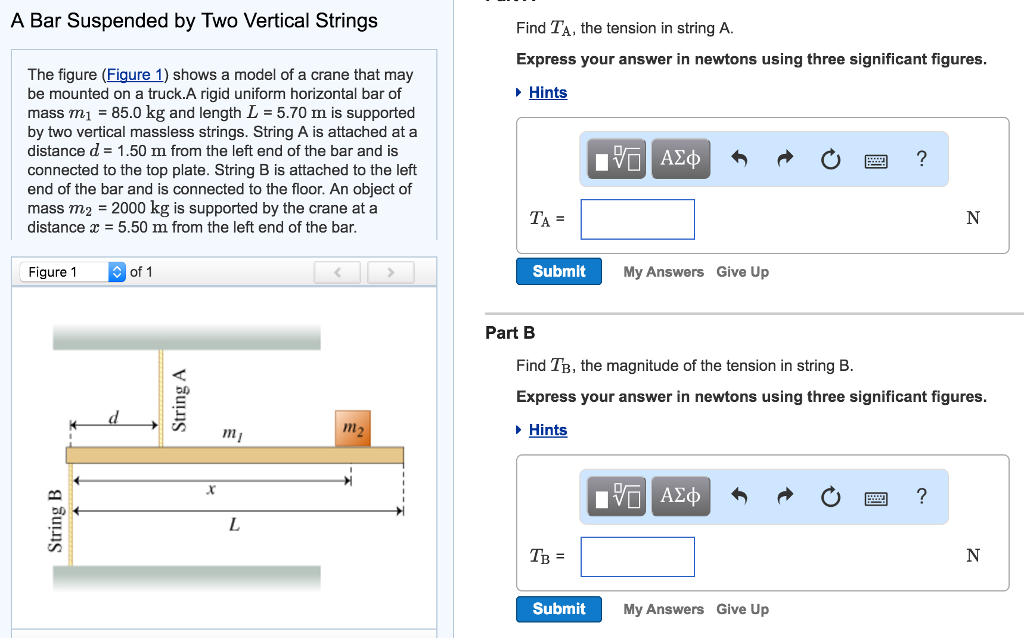 Solved A Bar Suspended by Two Vertical Strings Find TA, the