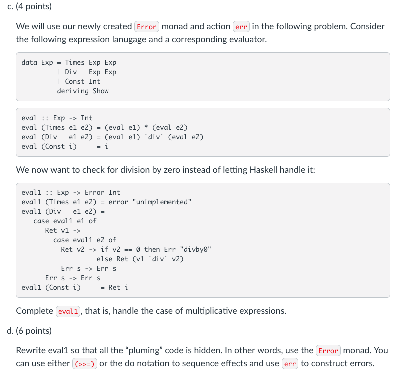 a. (6 points) Consider the following type Error for | Chegg.com