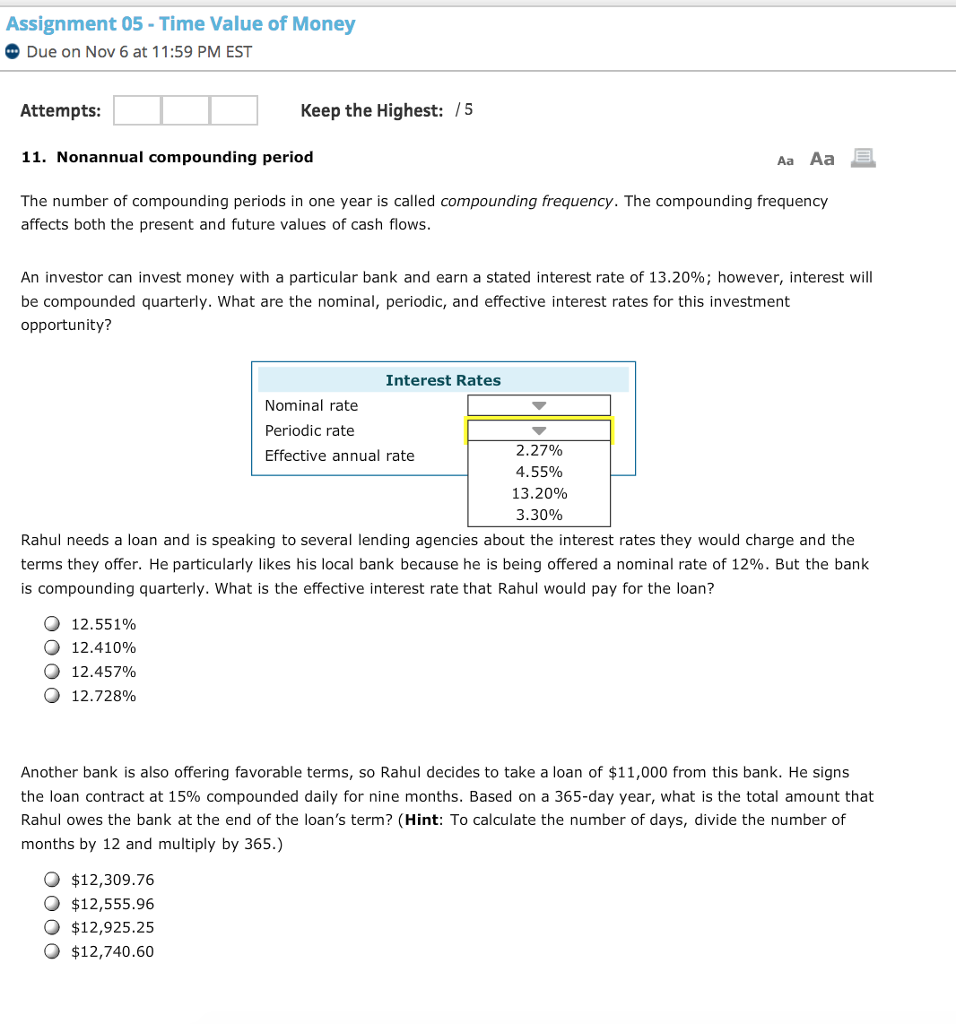 Solved Assignment 05 - Time Value of Money Due on Nov 6 at | Chegg.com