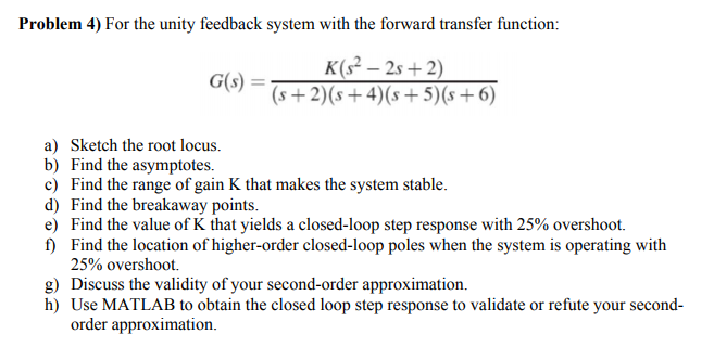 Solved Problem 4) For the unity feedback system with the | Chegg.com