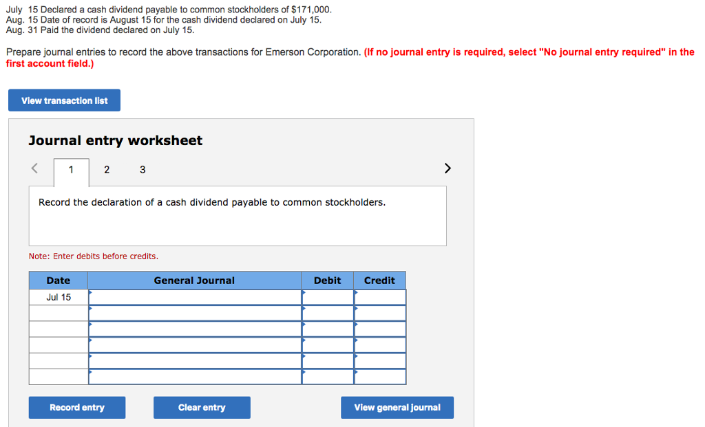 Solved July 15 Declared A Cash Dividend Payable To Common | Chegg.com