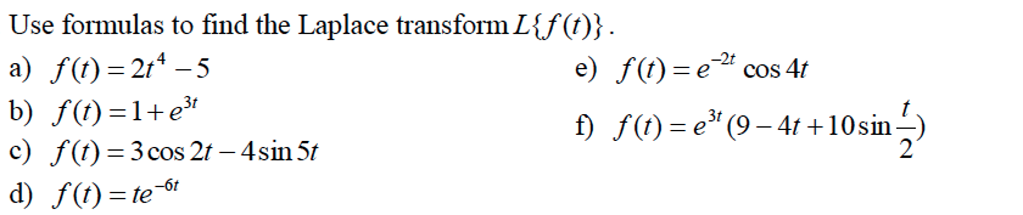 Solved Use formulas to find the Laplace transform L {f(t)}. | Chegg.com