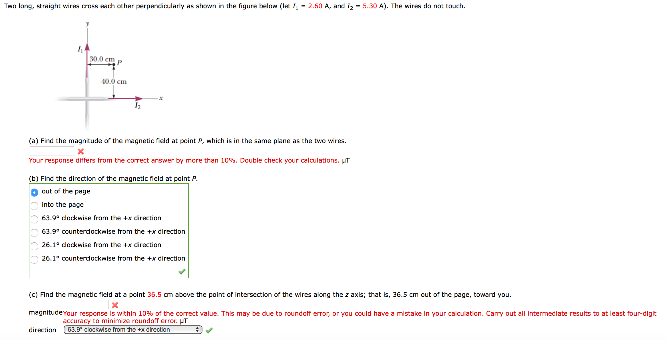 Two long, straight wires cross each other