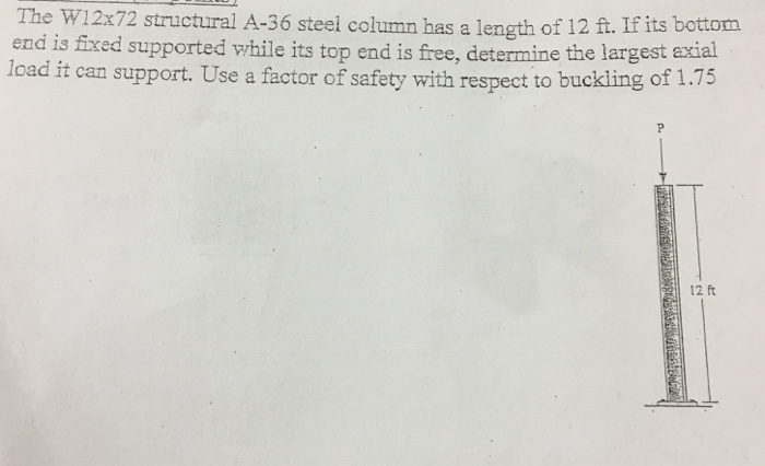 Solved The W12 times 72 structural A-36 steel column has a | Chegg.com