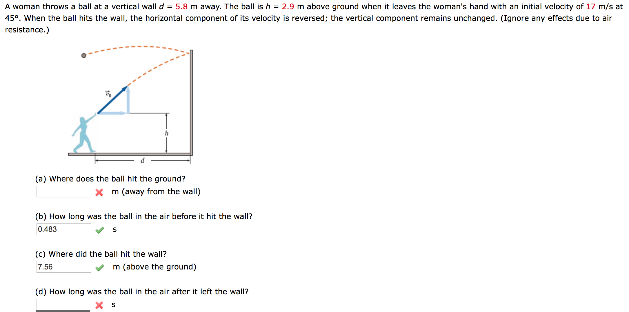 Solved A woman throws a ball at a vertical wall d = 5.8 m
