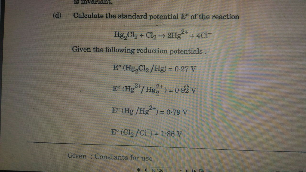 Solved is invariant. (d) Calculate the standard potential E°