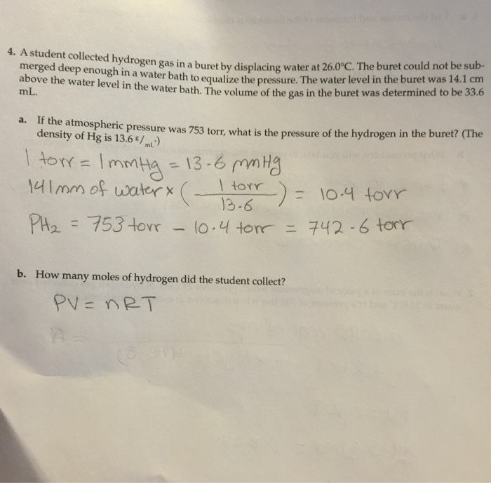 Solved A student collected hydrogen gas in a buret by