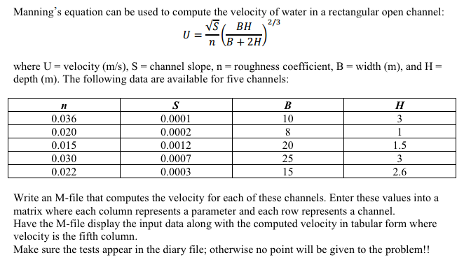 Solved Manning's Equation Can Be Used To Compute The | Chegg.com