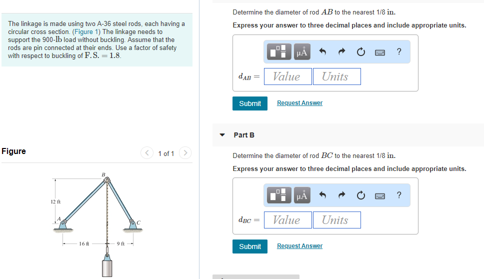 Solved Determine the diameter of rod AB to the nearest 1 /8
