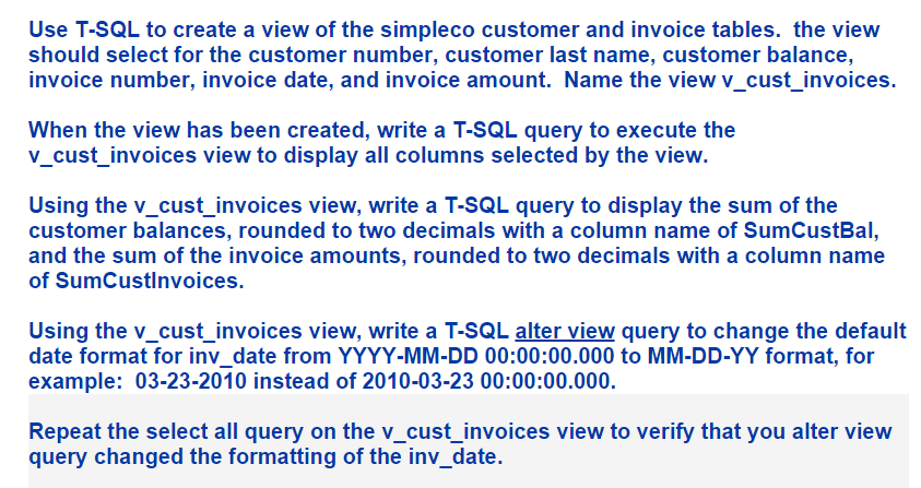 Use T-SQL to create a view of the simpleco customer | Chegg.com