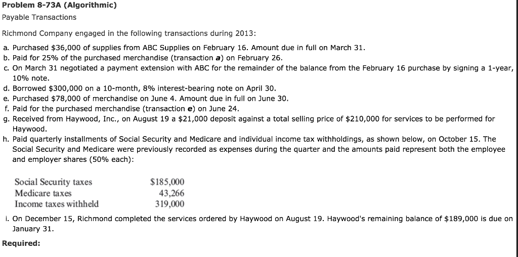 Solved Problem 8-73A (Algorithmic) Payable Transactions | Chegg.com
