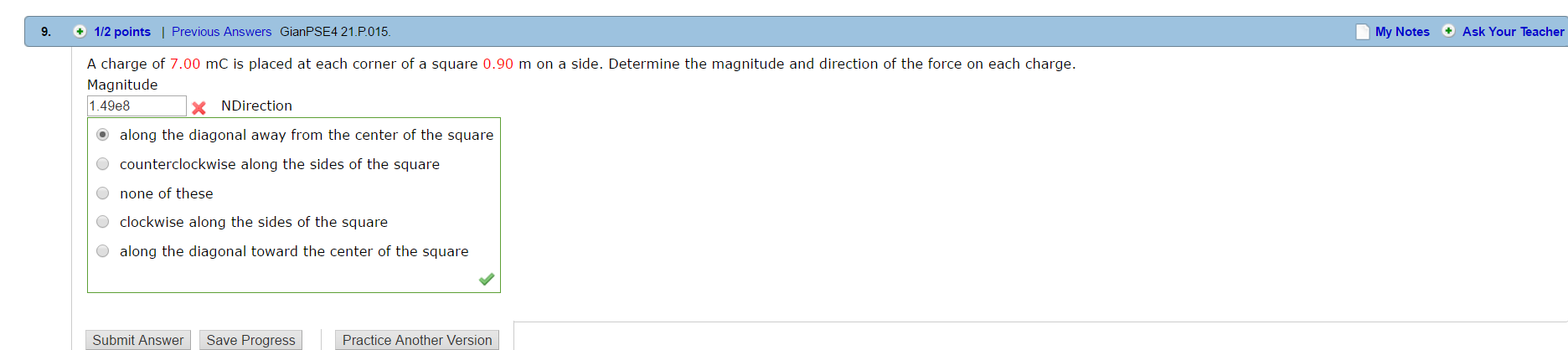 Solved A charge of 7.00 mC is placed at each corner of | Chegg.com