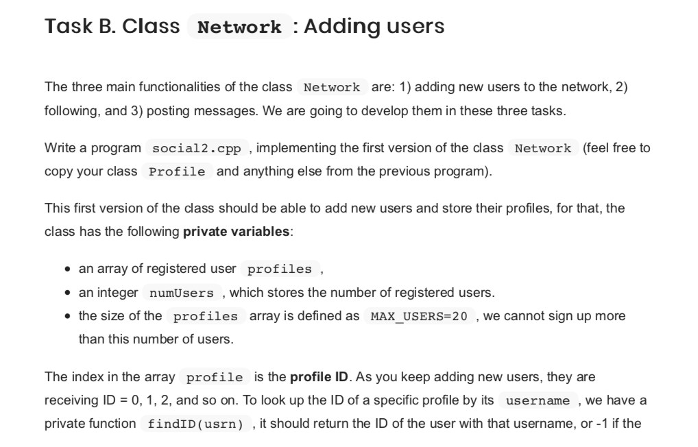 Solved Task B. Class Network : Adding users The three main | Chegg.com