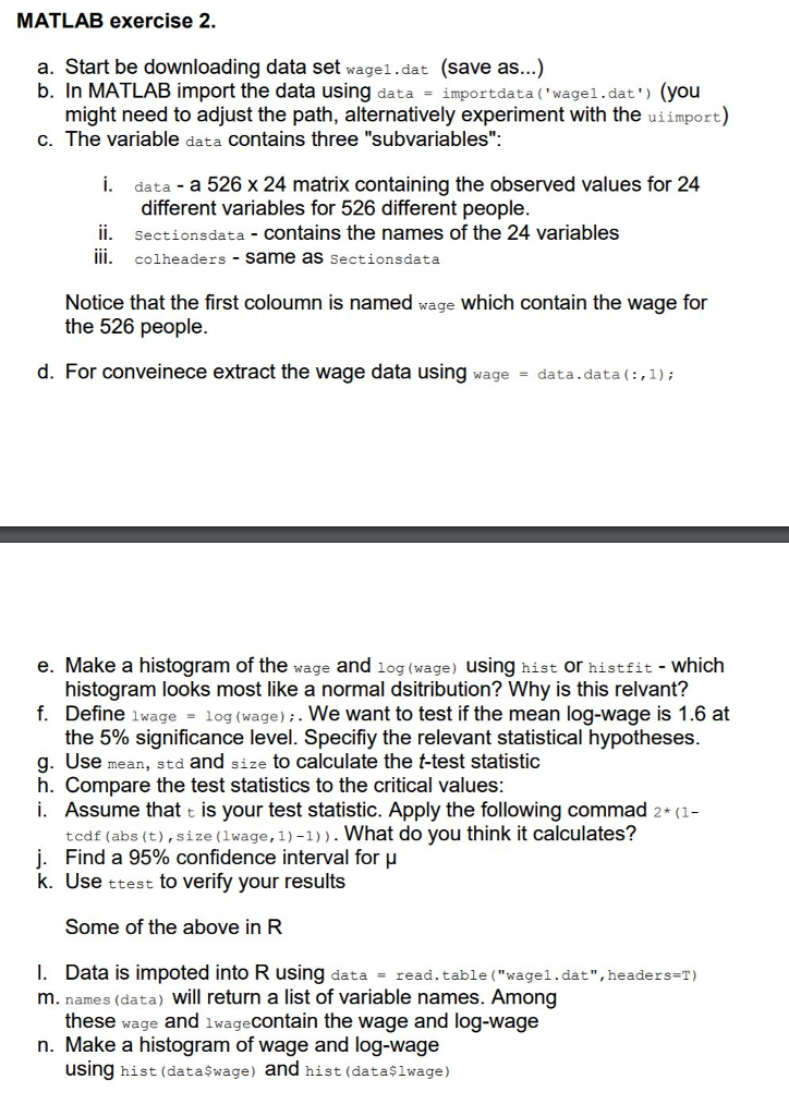 MATLAB exercise 2. a. Start be downloading data set | Chegg.com