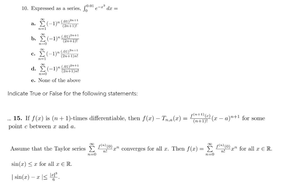 Solved 10. Expressed as a series, e n (.01)2n+ 2n+1 n | Chegg.com