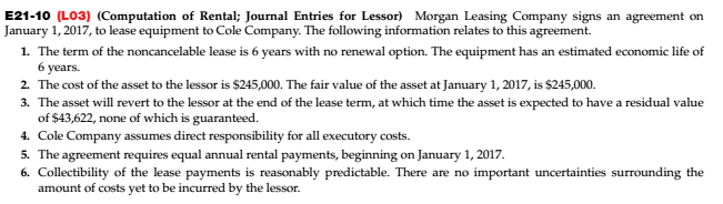 Solved E21-10 (LO3) (Computation of Rental; Journal Entries | Chegg.com