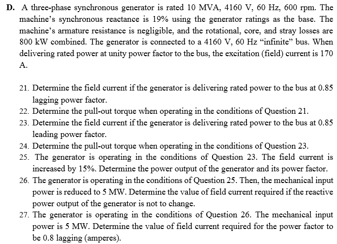 Solved D. A three-phase synchronous generator is rated 10 | Chegg.com