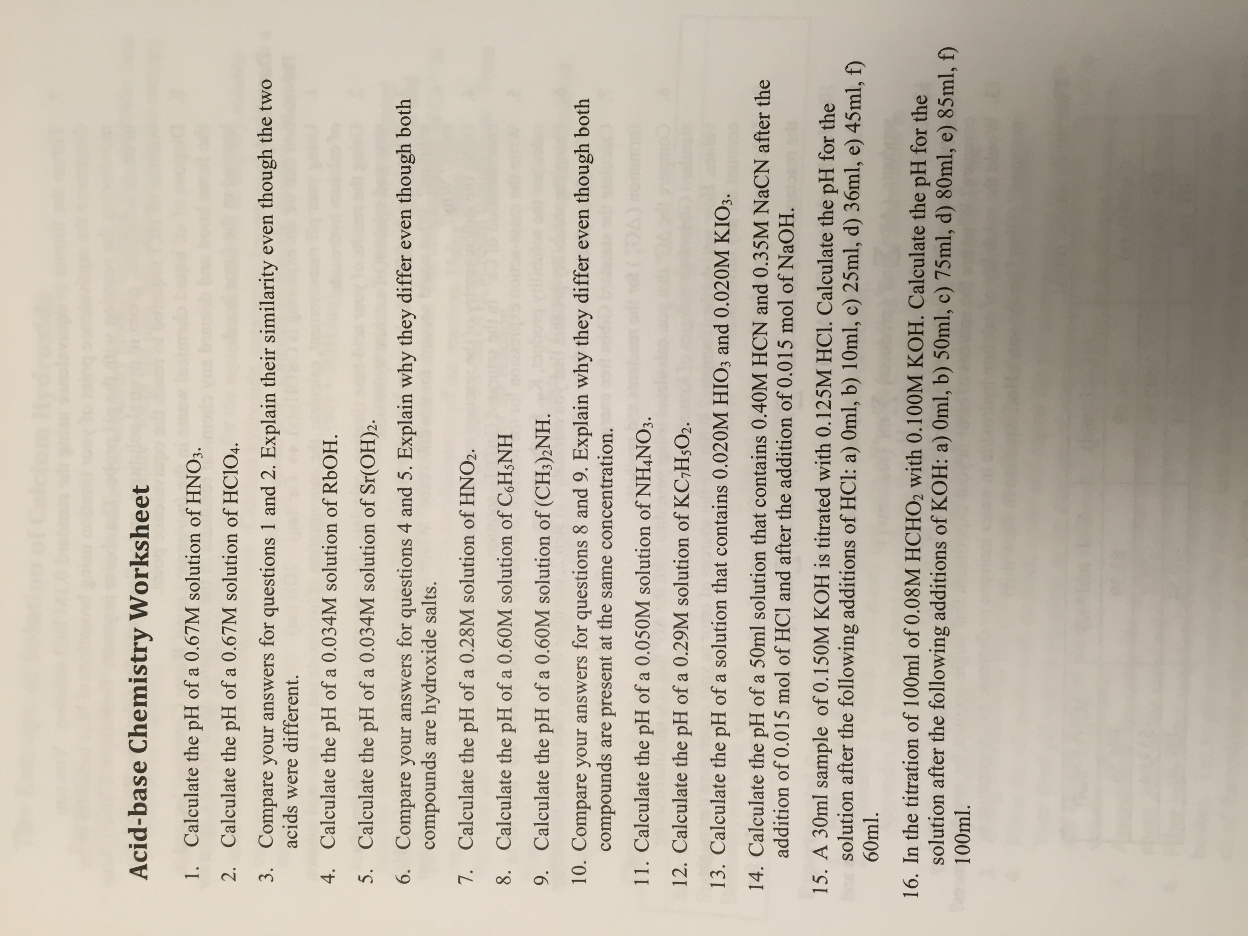 Solved: Acid-base Chemistry Worksheet 1. Calculate The PH | Chegg.com