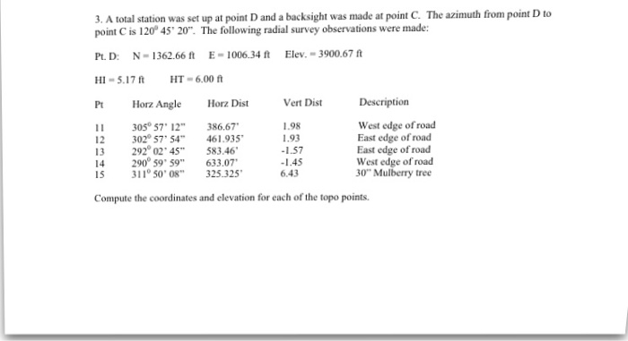 Solved A total station was set up at point D and a backsight | Chegg.com