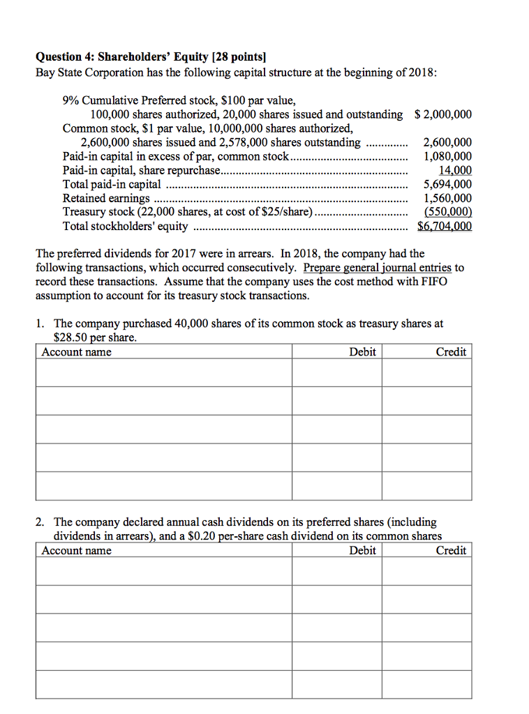 Solved Question 4: Shareholders' Equity [28 Points] Bay | Chegg.com