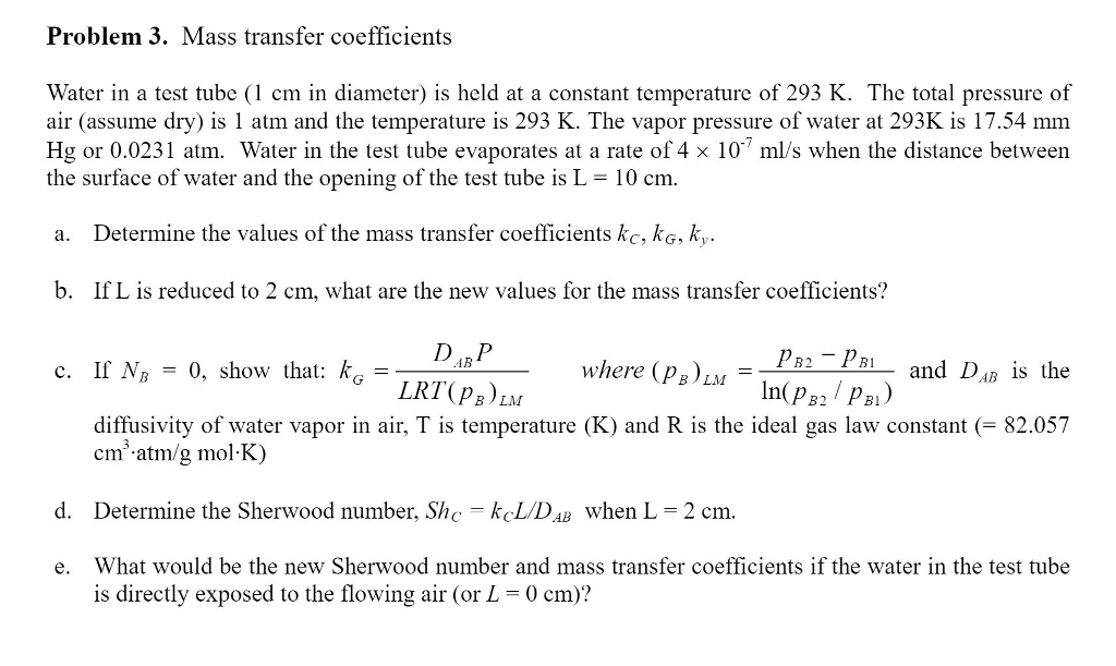 Mass transfer coefficients Water in a test tube (1 | Chegg.com