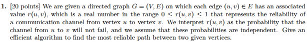 Solved I. [20 points we are given a directed graph G (V. E) | Chegg.com