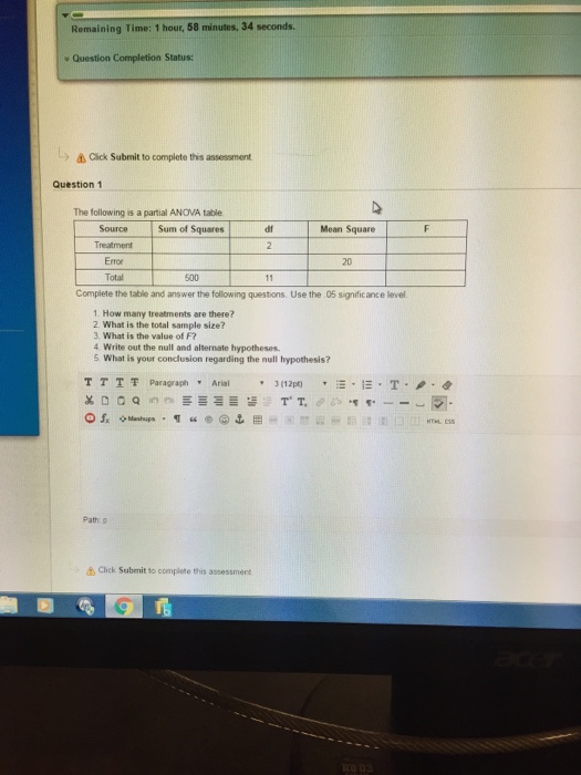 Solved The following is a partial ANOVA table Complete the | Chegg.com