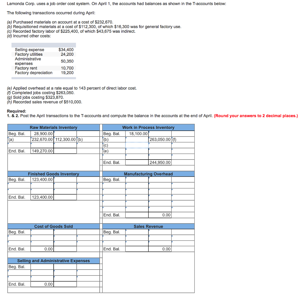 Solved Lamonda Corp. uses a job order cost system. On April