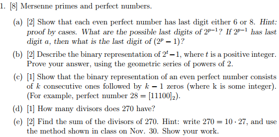 Solved 1. [8] Mersenne Primes And Perfect Numbers. (a) 2] | Chegg.com