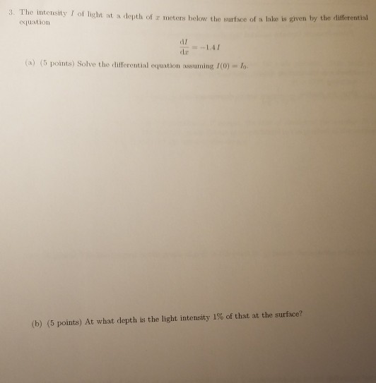 Solved 3. The intensity I of light at a depth of z metors | Chegg.com