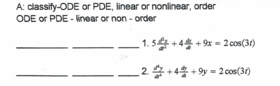 Solved Classify-ODE or PDE, linear or nonlinear, order ODE | Chegg.com