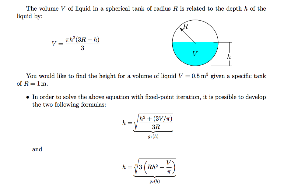 The volume V of liquid in a spherical tank of radius