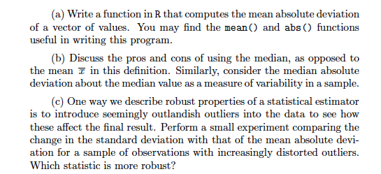 (a) Write a function in R that computes the mean | Chegg.com