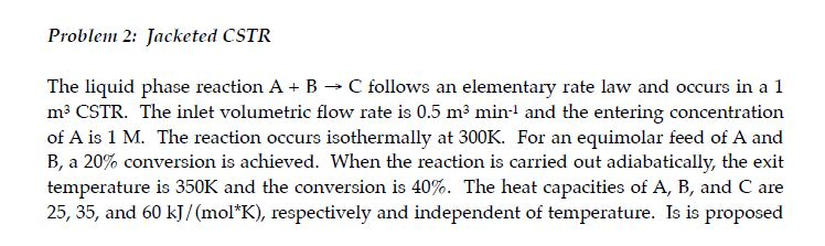 Solved Problem 2: Jacketed CSTR The liquid phase reaction A | Chegg.com