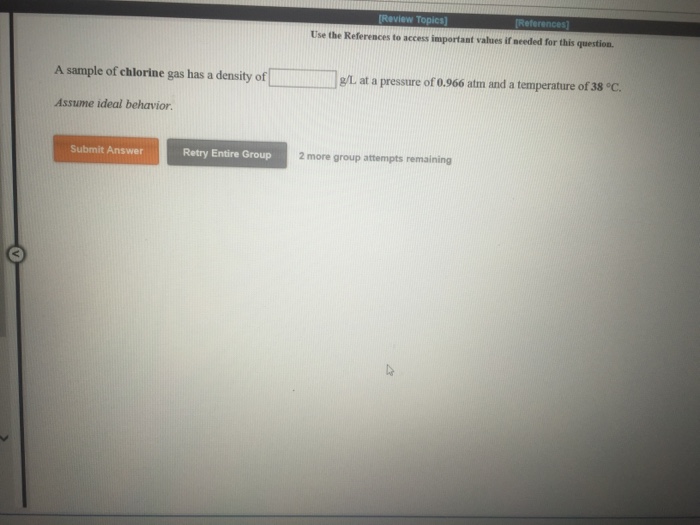 Solved A sample of chlorine gas has a density of g/L at a