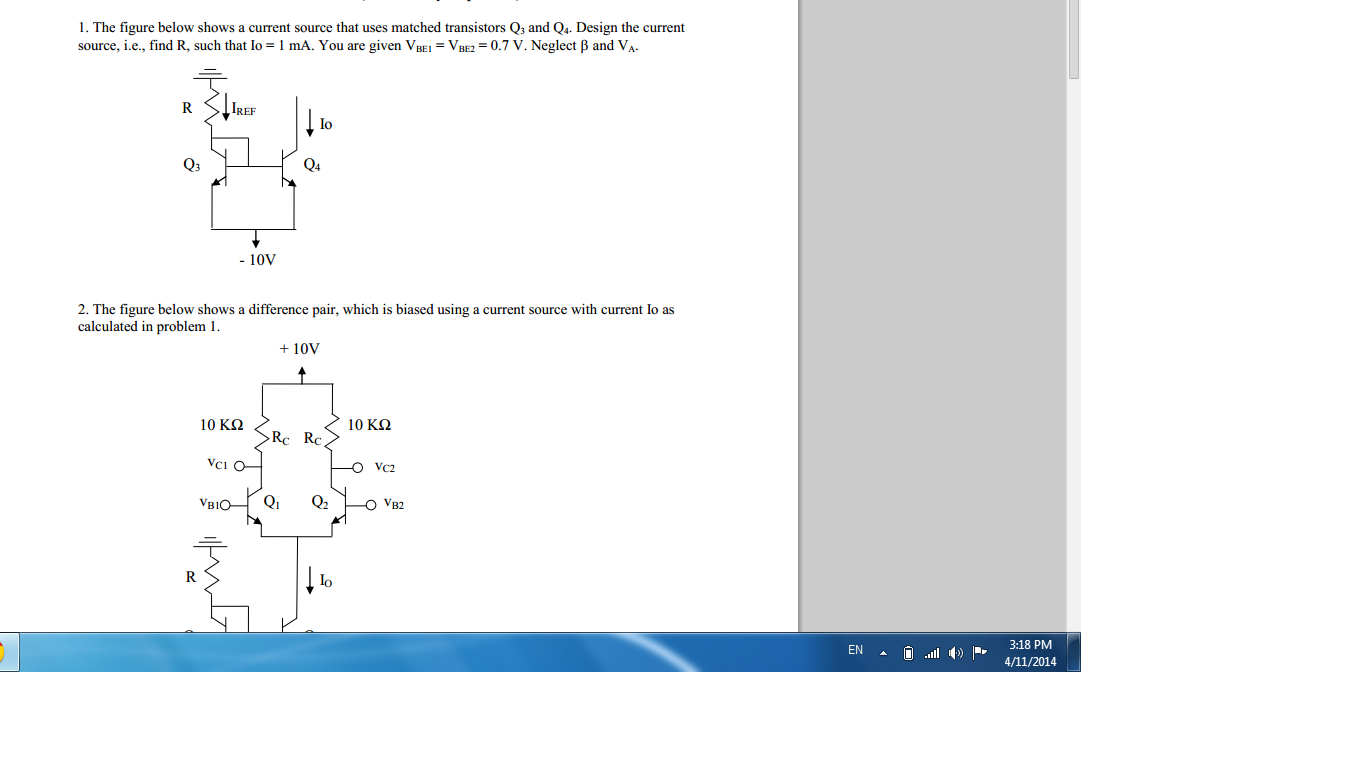 Solved The figure below shows the current source that uses | Chegg.com