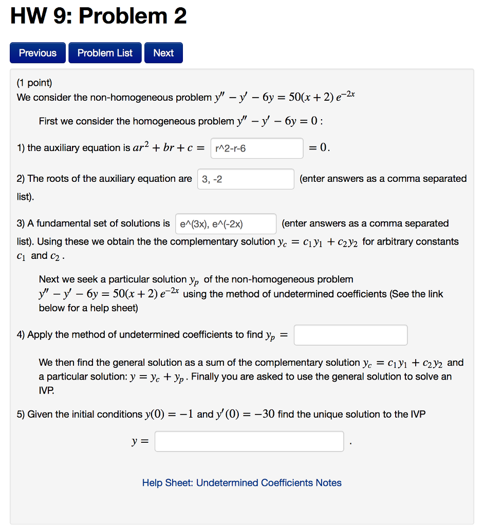 Solved HW 9: Problem 2 Previous Problem List Next (1 point) | Chegg.com