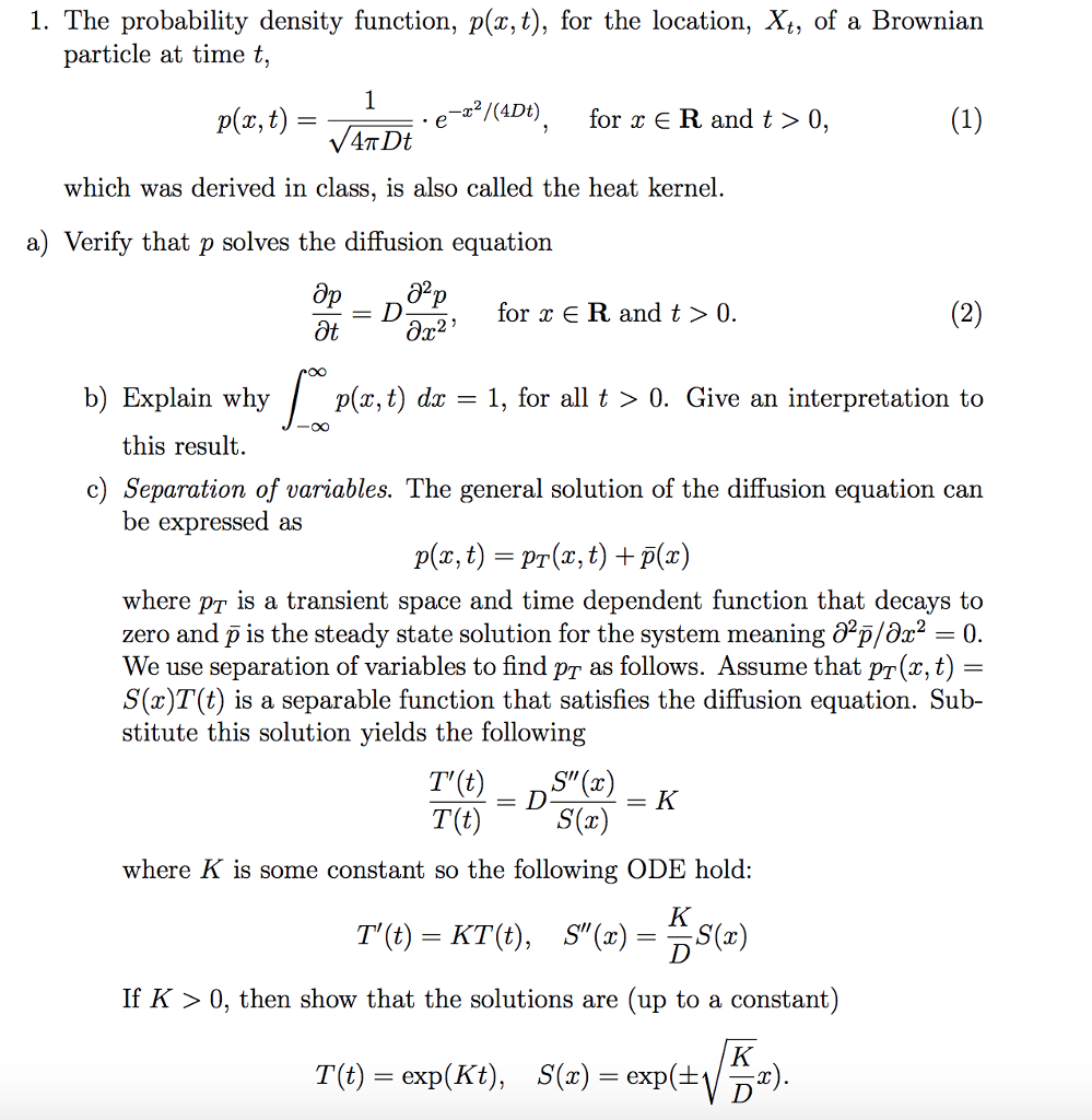 1. The probability density function, p(x, t), for the | Chegg.com