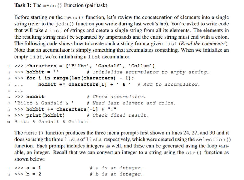 Solved Task 1: The menu ) Function (pair task) Before | Chegg.com