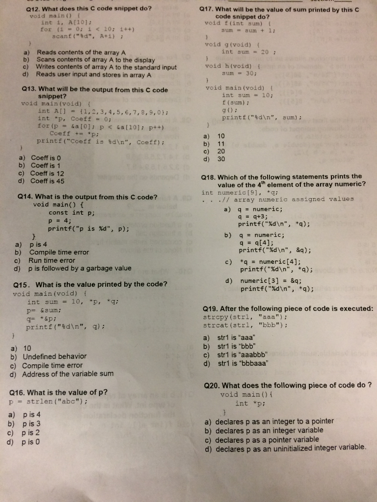 Solved q12 what does this c code snippet do q17 what will chegg