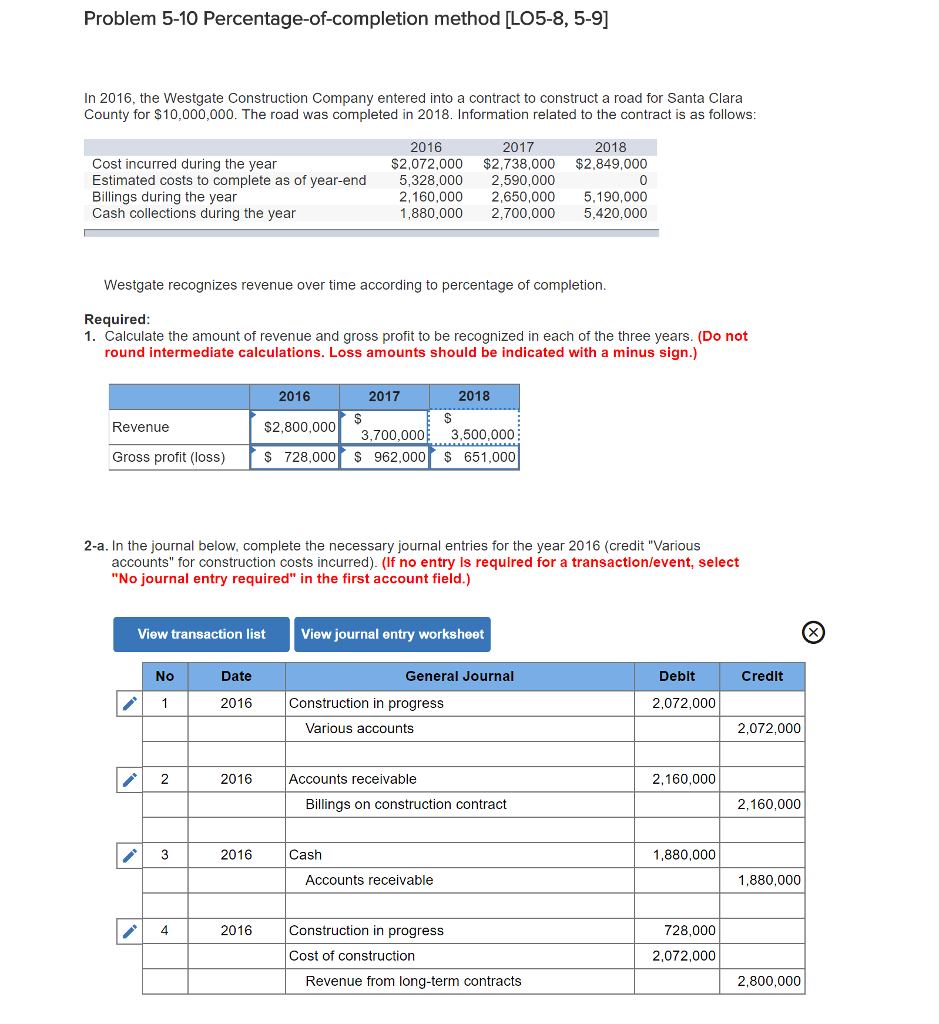 Solved problem 5 10 percentage of completion method lo5 8 chegg