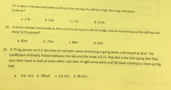 Solved A Stone is thrown horizontally at 20 m/s from the top | Chegg.com