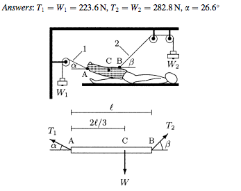 Solved Answers: T1 = W1 = 223.6 N, T2 = W2 = 282.8 N, alpha | Chegg.com