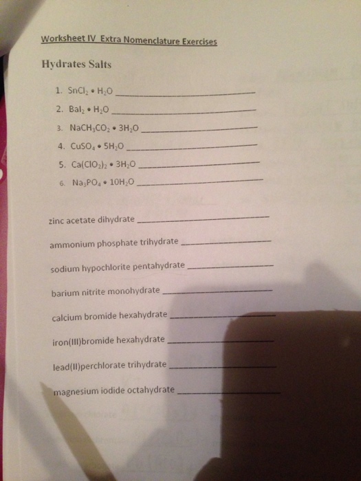 Solved Worksheet IV Extra Nomenclature Exercises Hydrates | Chegg.com