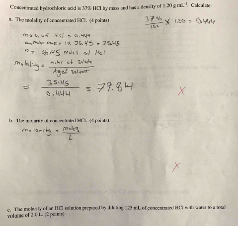 Solved Concentrated hydrochloric acid is 37% HCI by mass and | Chegg.com
