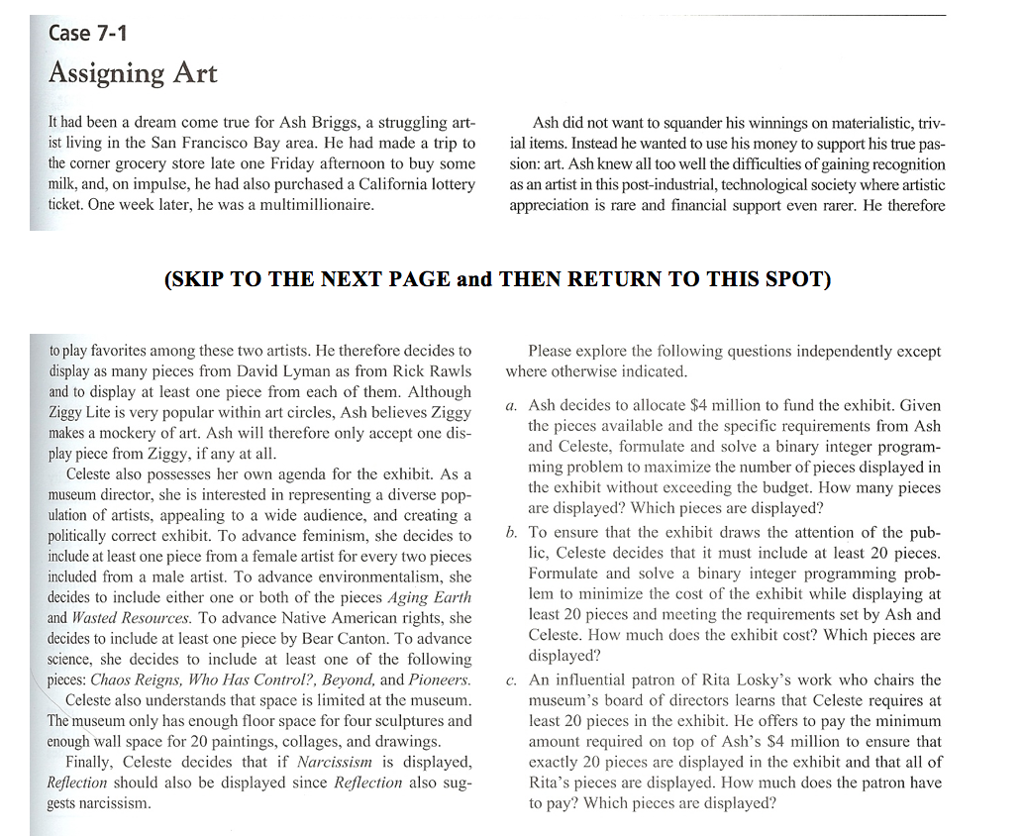 Integer Programming Case Assigning Art Solution Solved Case 7-1 Assigning Art It had been a dream come true | Chegg.com