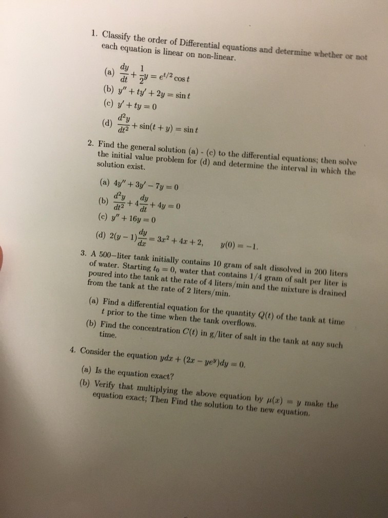 Solved 1. Classify the order of Differential equations and | Chegg.com
